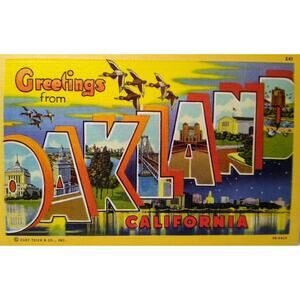 Greetings From Oakland California Flying Geese Large Big Letter Postcard Linen